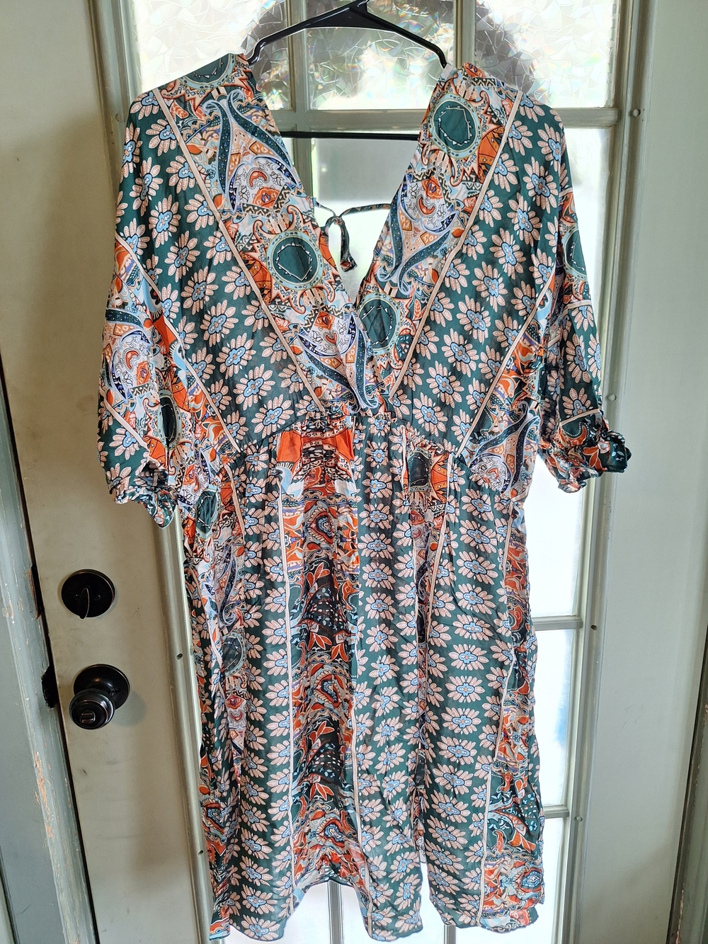 Boho V-Neck Midi Dress in Teal and Orange Paisley Floral